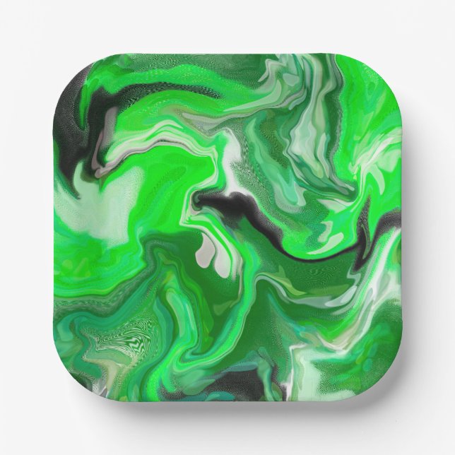 Green Digital Fluid Marble Art       Paper Plate (Front)