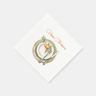Green Dinner Plate with Orange  Happy Thanksgiving Napkin