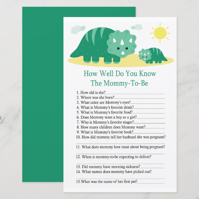 Green Dino How well do you know baby shower game (Front/Back)