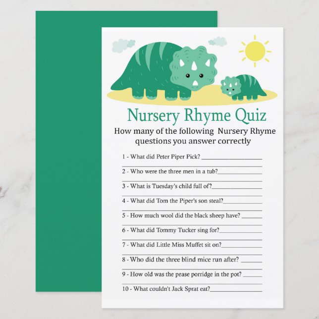Green Dino Nursery Rhyme Quiz baby shower game (Front/Back)