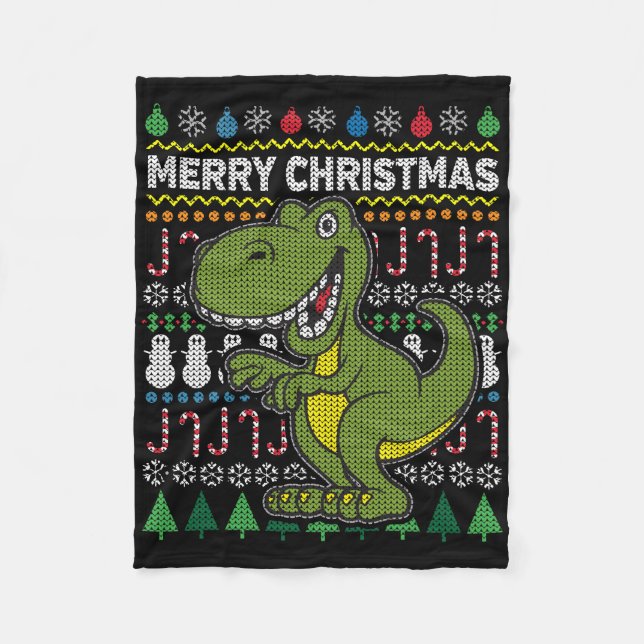Green Dino Ugly Christmas Sweater Wildlife Series Fleece Blanket (Front)