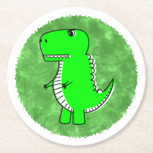 Green Dino Watercolor Baby Shower  Round Paper Coaster