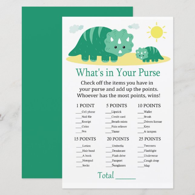 Green Dino What's in your purse game baby shower (Front/Back)