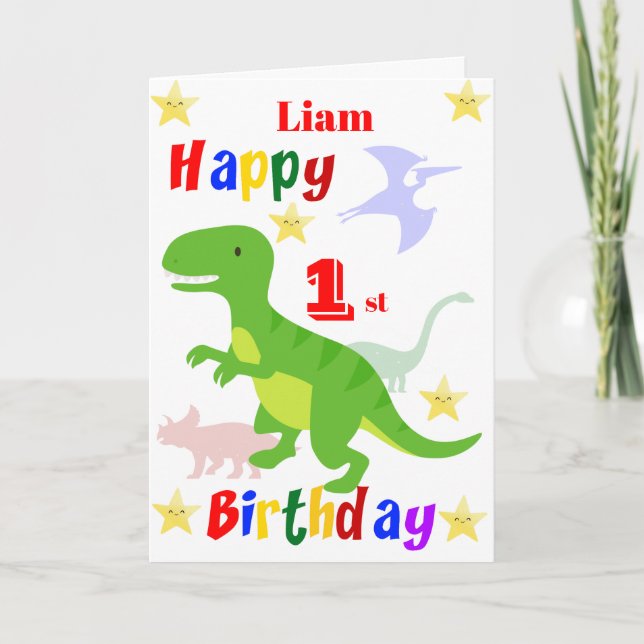 Green Dinosaur 1st Birthday Card (Front)