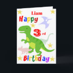 Green Dinosaur 3rd Birthday Card<br><div class="desc">A fun 3rd birthday card! This bright third birthday card features dinosaurs and some stars with a colorful Happy Birthday text. A cute design for someone who will be three years old. The birthday age and the child's name on the front of the card can be changed to customize it...</div>