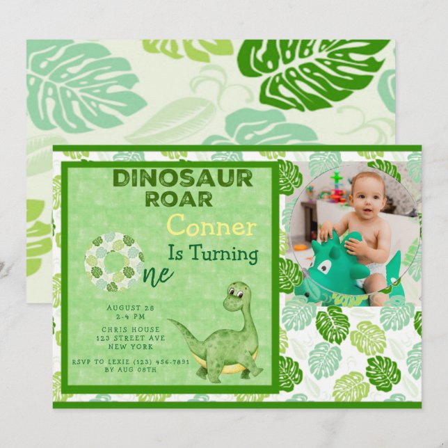 Green Dinosaur Add Photo Boy 1st Birthday Party  Invitation (Front/Back)