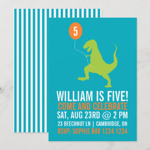 Green Dinosaur and Balloon Kids Birthday Invitation
