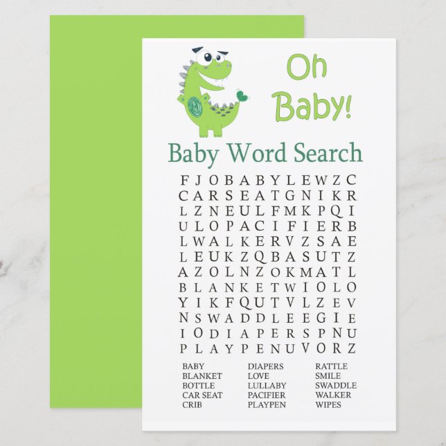 Green Dinosaur Baby Shower Word Search Game (Front/Back)