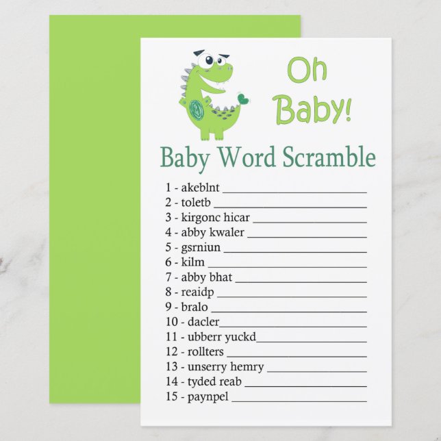Green Dinosaur Baby word scramble game (Front/Back)