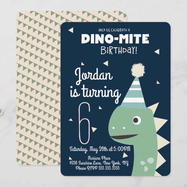 Green Dinosaur Birthday Confetti Invitation (Front/Back)