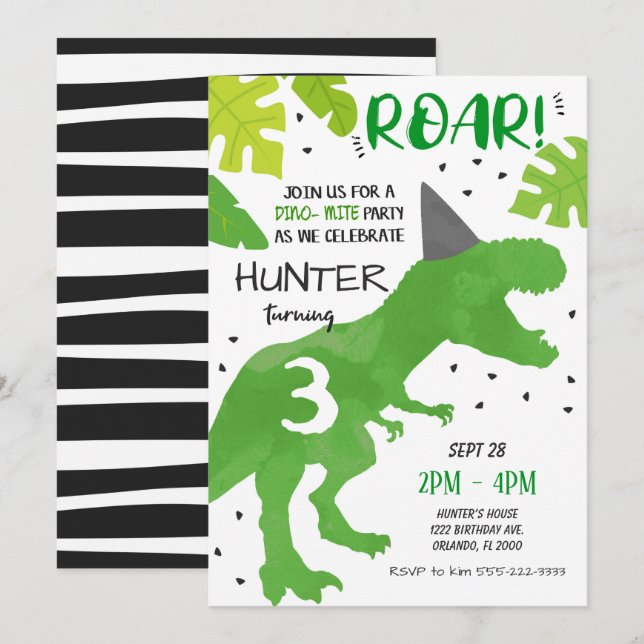 Green Dinosaur Birthday Invitation (Front/Back)
