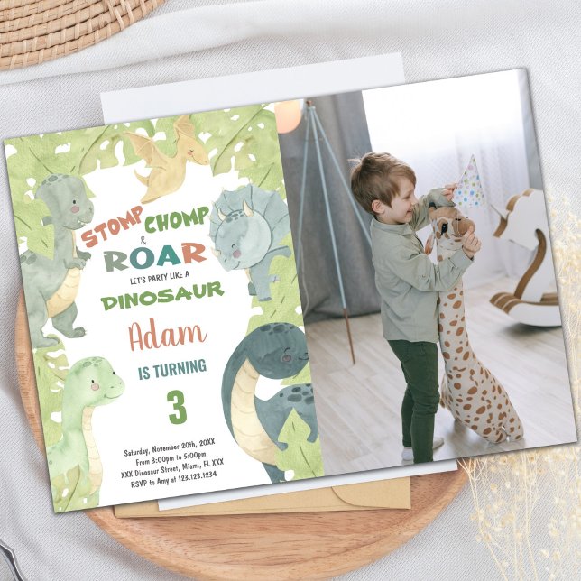 Green Dinosaur Birthday Invitation with Photo (Green Dinosaur Invitations with photo)