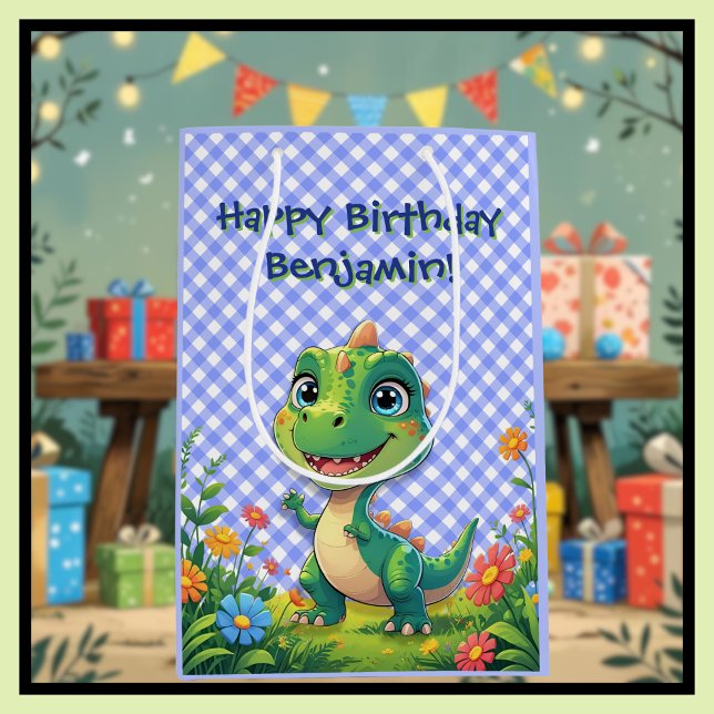 Green Dinosaur Blue Gingham Birthday Present Medium Gift Bag (Creator Uploaded)