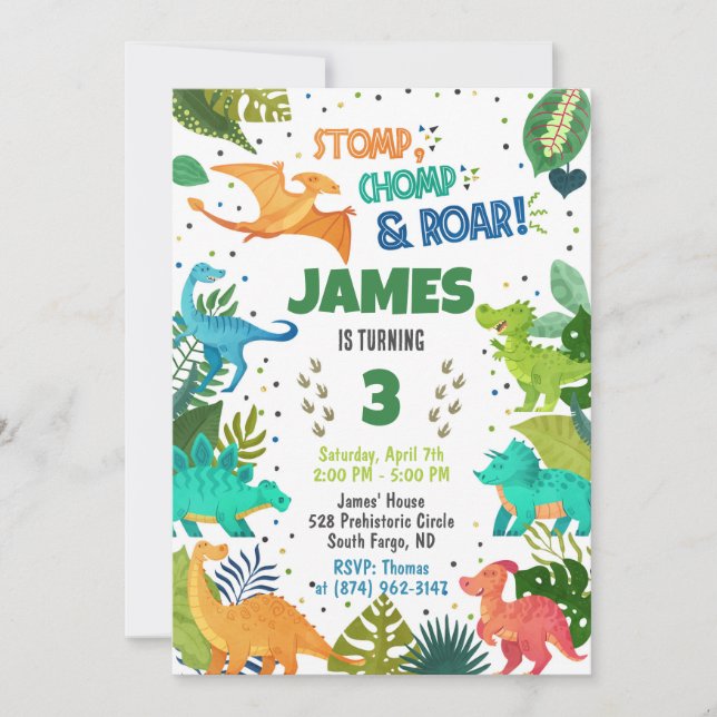 Green Dinosaur Boy Invitation (Front)