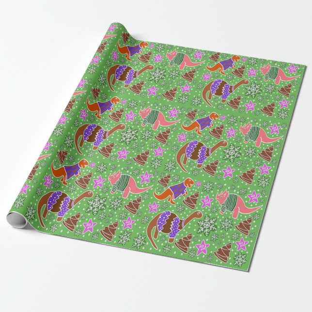 Green Dinosaur Christmas  Wrapping Paper (Unrolled)