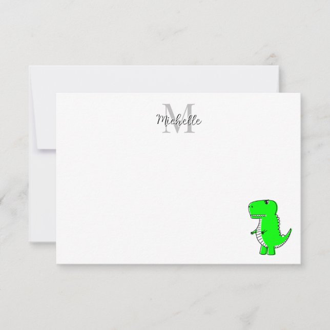 Green Dinosaur Drawing Custom Monogram Card (Front)