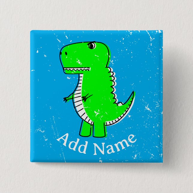 Green Dinosaur Drawing Custom Name Distressed 15 Cm Square Badge (Front)
