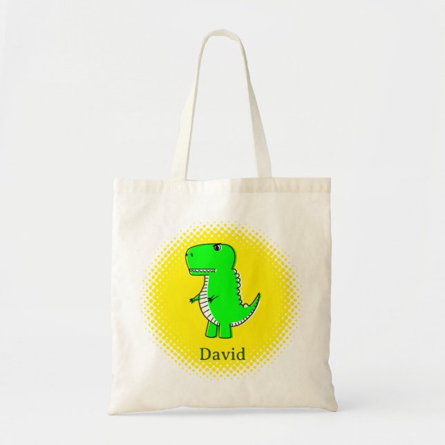 Green Dinosaur Drawing Custom Name Tote Bag (Front)