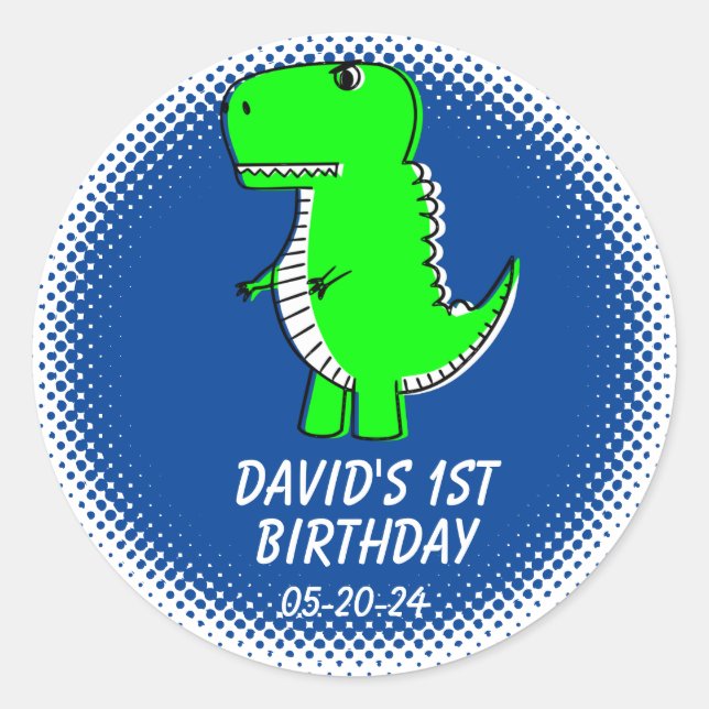 Green Dinosaur Drawing First Birthday Party Favour Classic Round Sticker (Front)