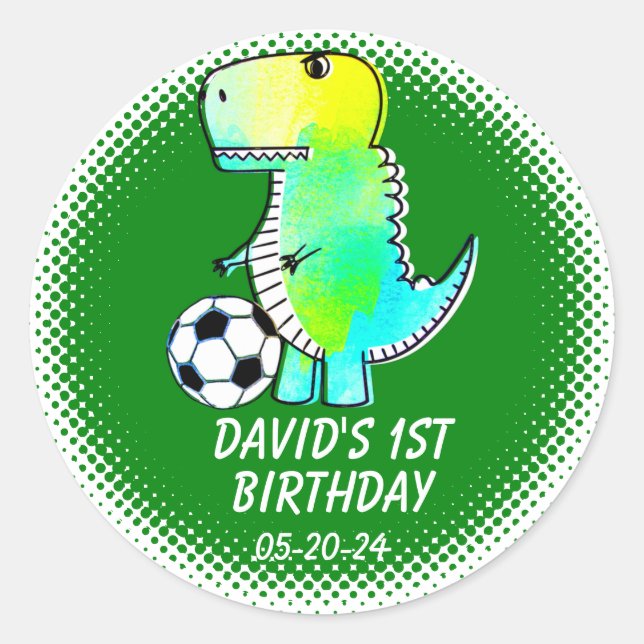 Green Dinosaur Drawing First Birthday Party Favour Classic Round Sticker (Front)