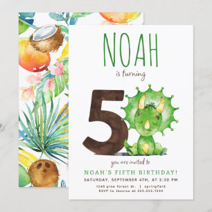 Green Dinosaur Fifth Birthday Invitation