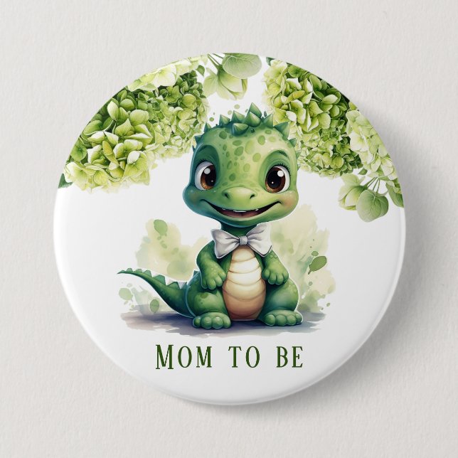 Green Dinosaur Floral Mum To Be 7.5 Cm Round Badge (Front)