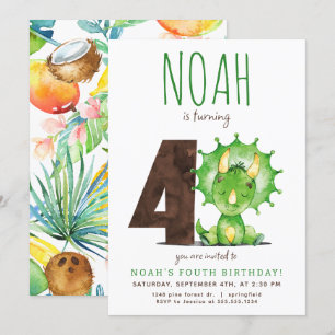 Green Dinosaur Fourth Birthday Invitation
