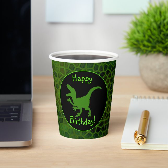 Green Dinosaur Hide Happy Birthday!  Paper Cups (Insitu)