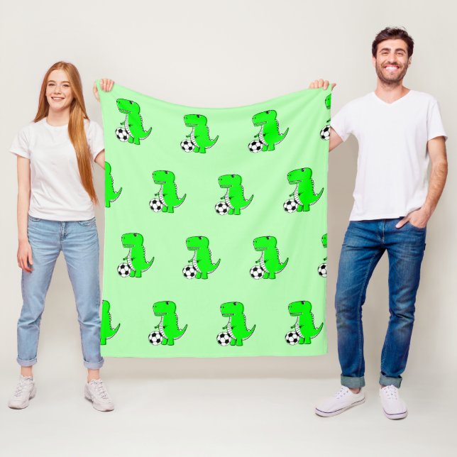 Green Dinosaur Loves Soccer Cartoon Pattern Fleece Blanket (In Situ)