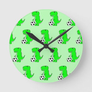Green Dinosaur Loves Soccer Cartoon Pattern Round Clock