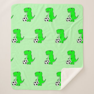 Green Dinosaur Loves Soccer Cartoon Pattern Sherpa Blanket