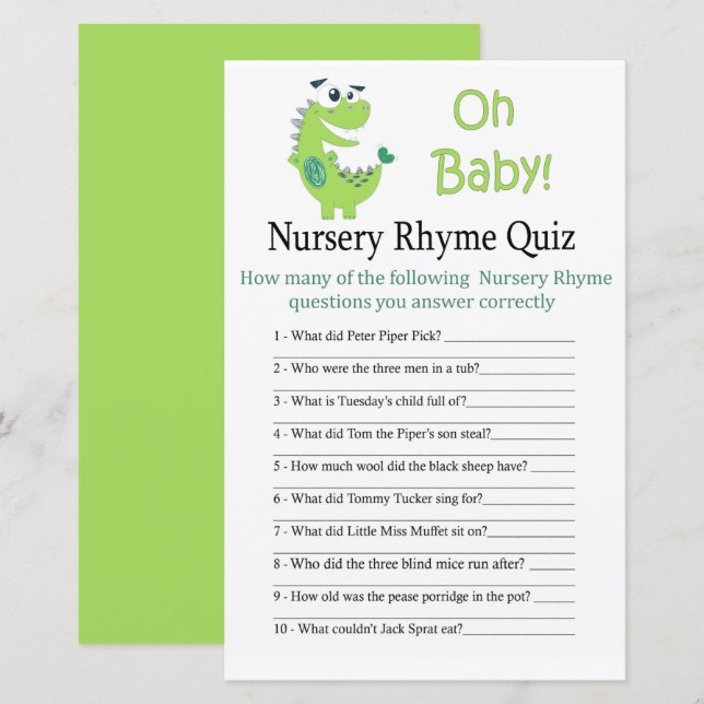 Green Dinosaur Nursery Rhyme Quiz baby shower game (Front/Back)