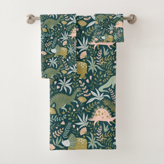 Green Dinosaur Pattern Bath Towel Set (Insitu)