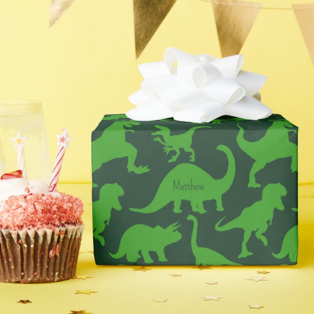 Green Dinosaur Pattern with Kid Name Wrapping Paper (Birthday Party)