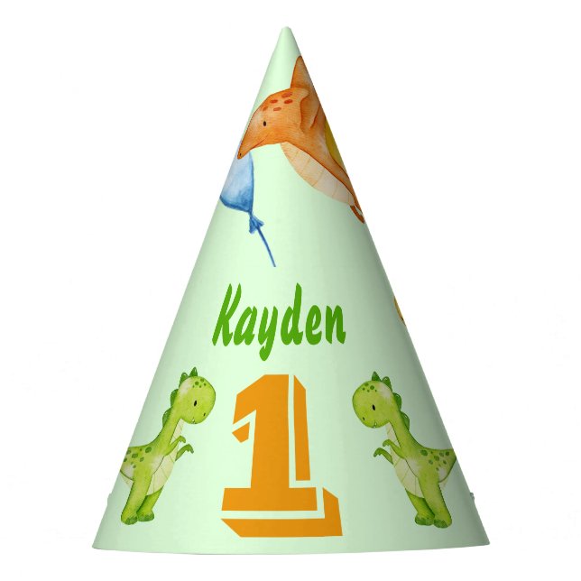 Green dinosaur personalised party hat (Front)