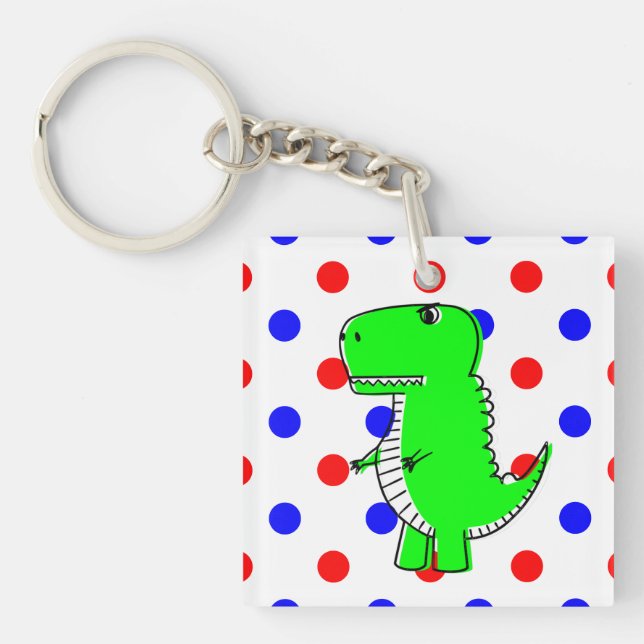 Green Dinosaur Red Blue Polka Dots Key Ring (Front)
