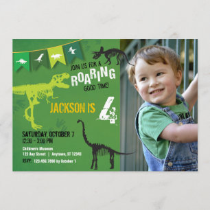 Green Dinosaur Roaring Boys Birthday Invitation