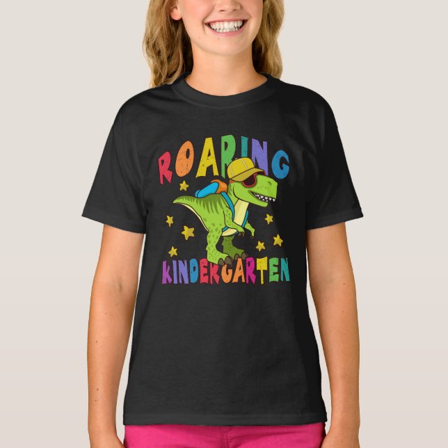 Green Dinosaur Roaring Kindergarten Back to School T-Shirt (Front)