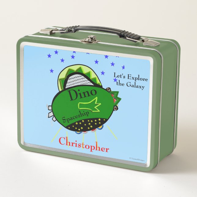 Green Dinosaur Spaceship Brown Eyes Stars Metal Lunch Box (Front)