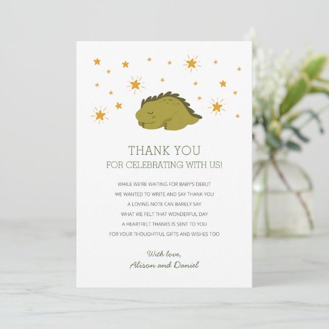 Green Dinosaur Stars Gender Neutral Baby Shower  Thank You Card (Standing Front)