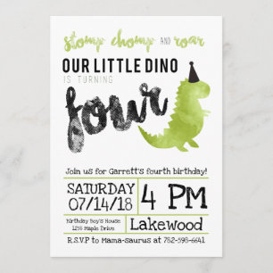 Green Dinosaur Stomp and Chomp Fourth Birthday Invitation
