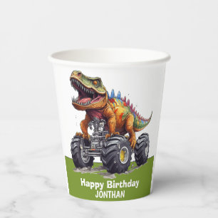 Green Dinosaur T-Rex Monster Truck theme  Paper Cups