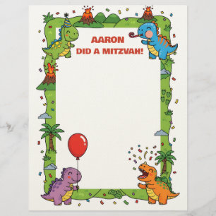 Green Dinosaur Themed Personal Name Mitzvah Note Custom Letterhead