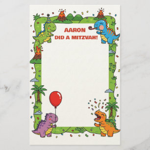 Green Dinosaur Themed Personal Name Mitzvah Note Stationery