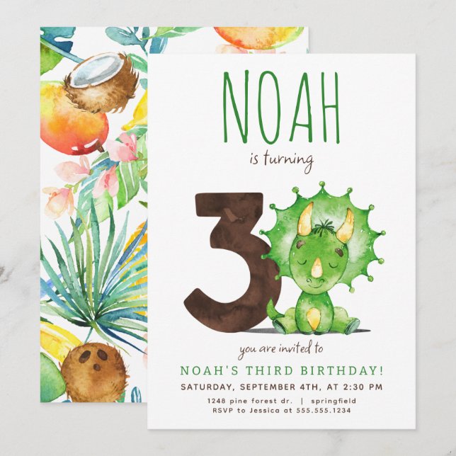 Green Dinosaur Third Birthday Invitation (Front/Back)