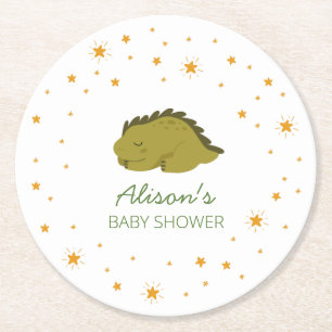 Green Dinosaur Twinkle Star Baby Shower Party  Round Paper Coaster