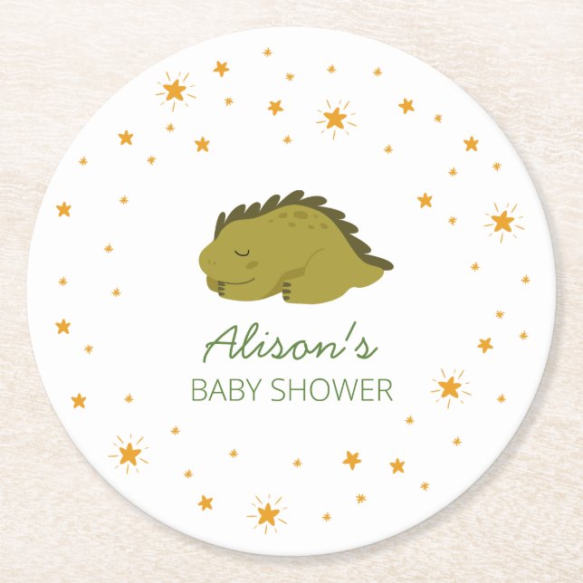 Green Dinosaur Twinkle Star Baby Shower Party  Round Paper Coaster (Front)