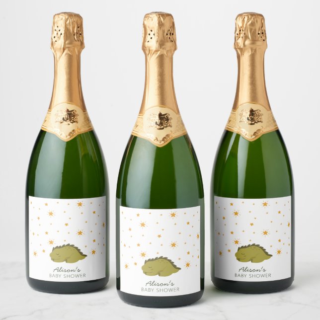 Green Dinosaur Twinkle Stars Gender Neutral Baby Sparkling Wine Label (Bottles)