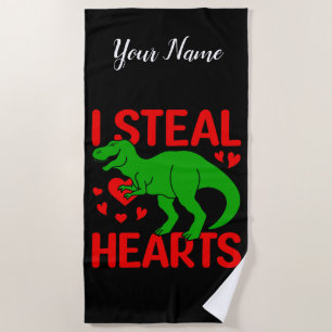 Green Dinosaur Valentine I Steal Hearts Beach Towel