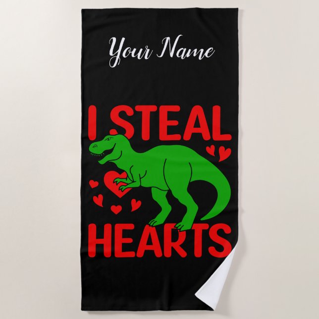 Green Dinosaur Valentine I Steal Hearts Beach Towel (Front)